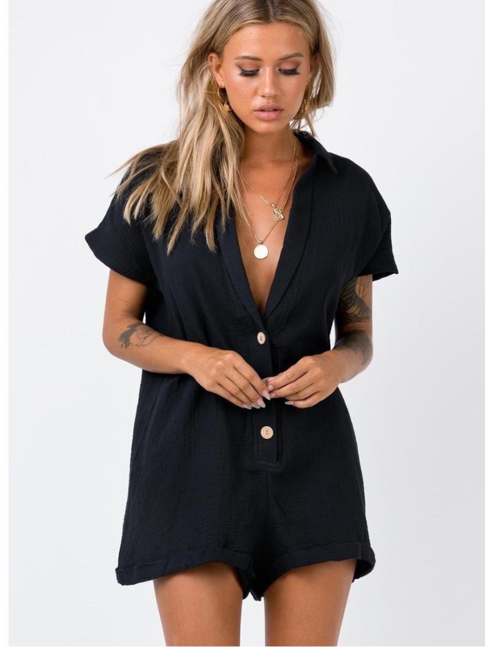 Princess Polly Black Button-Front Swim Romper